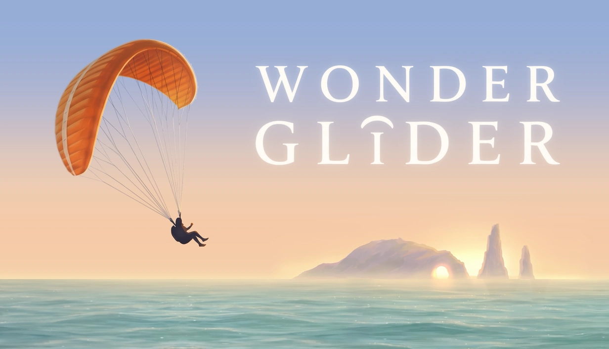 Wonder Glider: an orange paraglider over a calm sea at sunset